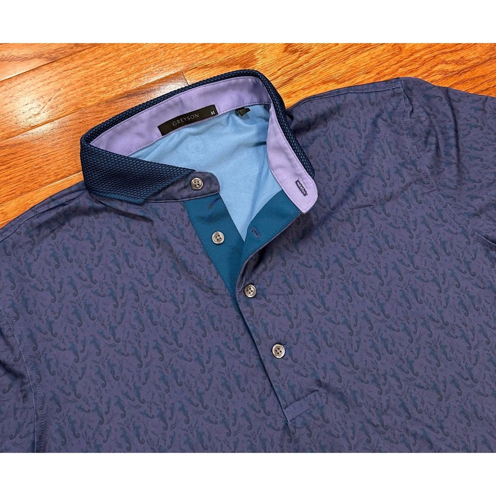 Greyson Performance Golf Polo Shirt Mens Medium Seahorse Print AOP Contrast Blue